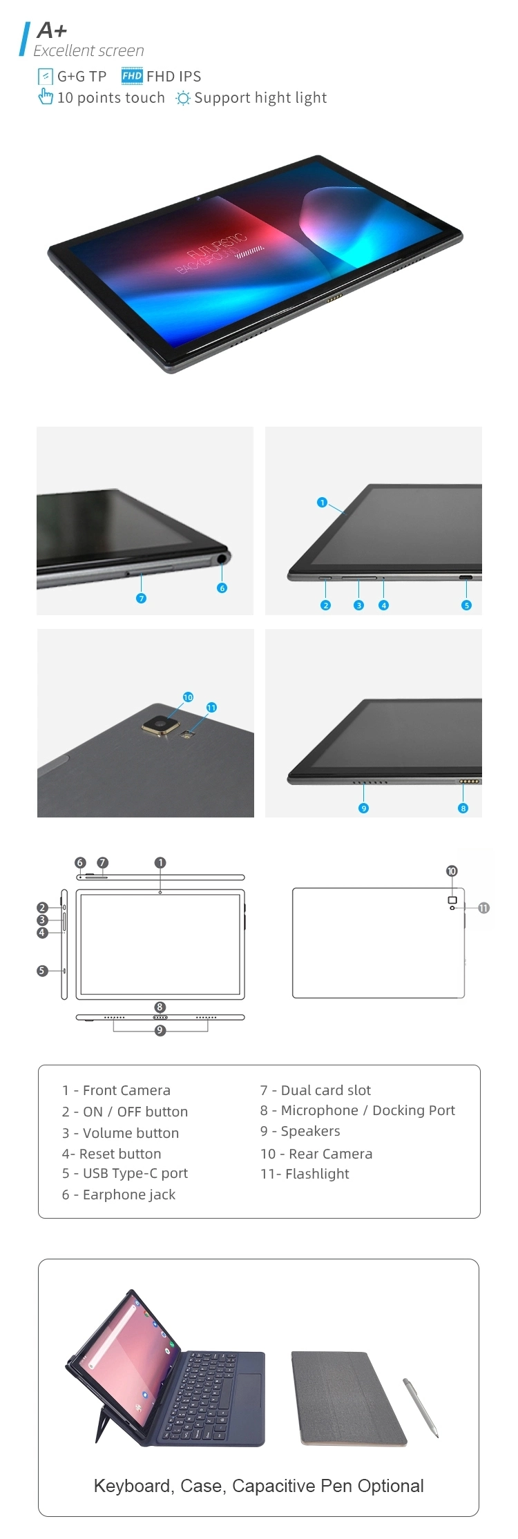 10 Inch Screen Android Tablet PC Sc9863A Octa Core 1.6GHz 2GB +32GB 1920 X 1200 IPS Android12 WiFi 4G Calling Tablet with High-Quality Keyboard