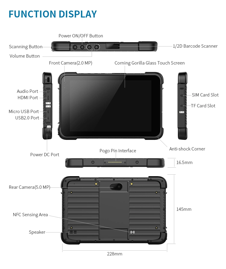 Sample Customization Barcode Scanner IP67 Grade Weatherproof Ruggedized Extreme Tablet PC 7800mAh 8 Inch Rugged Tablet Android